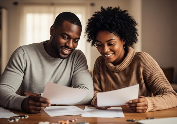 A smiling young couple sitting together at a wooden table, both reviewing and holding estate planning documents. (1859964588)