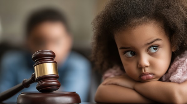 A close-up of a young girl with a somber, pensive expression resting her chin on her crossed arms, with a wooden judge’s gavel in sharp focus in the foreground, representing a fact-finding hearing in a New Jersey DCPP case.