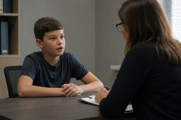 A preteen boy sits across a desk from a woman holding a clipboard in an office setting, depicting a child speaking with a guardian ad litem during a New Jersey family court proceeding.