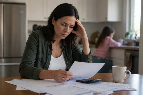 A stressed mother sits at a kitchen table reading official documents with a calculator and papers spread in front of her while her young daughter plays in the background, depicting the pressure of responding to a DCPP investigation or child welfare inquiry in New Jersey.