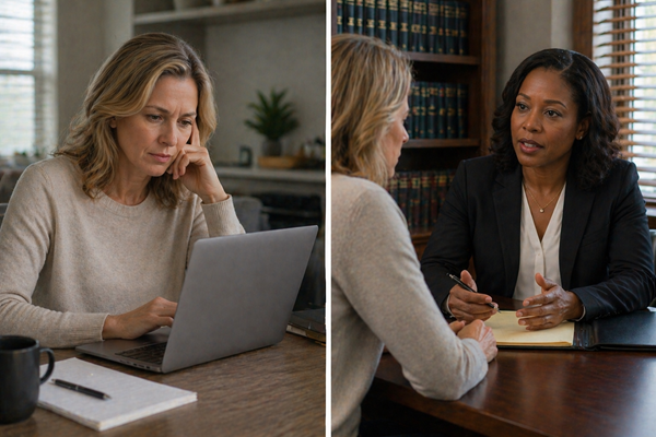 Side-by-side images contrasting a woman struggling alone at a laptop researching family law on the left, and the same woman consulting with a professional attorney in a law office on the right, depicting the difference between handling a family legal matter without help versus hiring an experienced family law attorney.