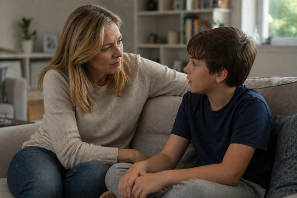 A mother sits on a couch with her preteen son, looking at him seriously with her hand on his shoulder during an earnest conversation, depicting a parent navigating a change in family circumstances that may require modifying an existing custody or court order in New Jersey.