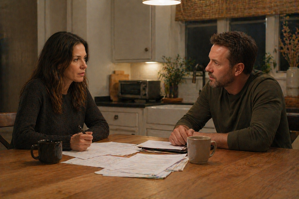 A man and woman sit across from each other at a kitchen table in the evening, reviewing documents with serious expressions, depicting a couple or family members discussing estate planning or potential will contest issues in New Jersey.