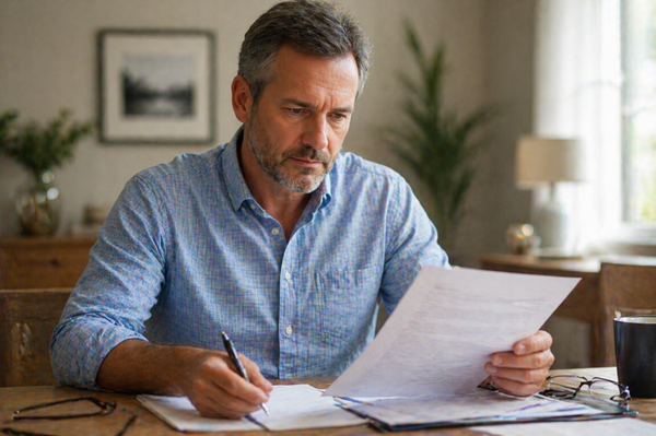 A middle-aged man sits at a home desk carefully reading and signing legal documents with a pen, depicting an individual reviewing estate planning paperwork such as a will or trust under New Jersey estate law.
