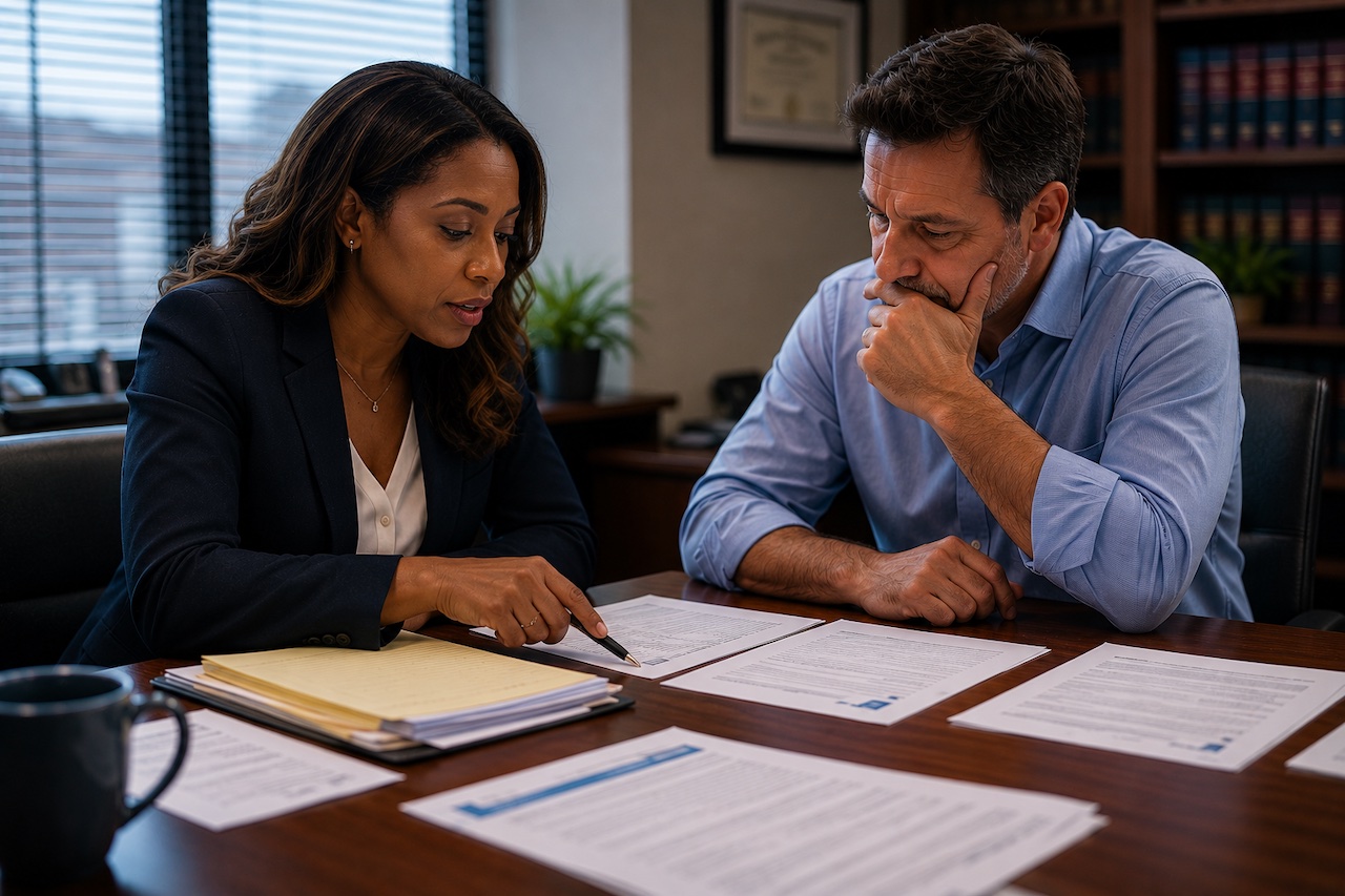 A woman in a dark blazer points out details on paperwork to a thoughtful, middle-aged man in a blue shirt at a conference table.