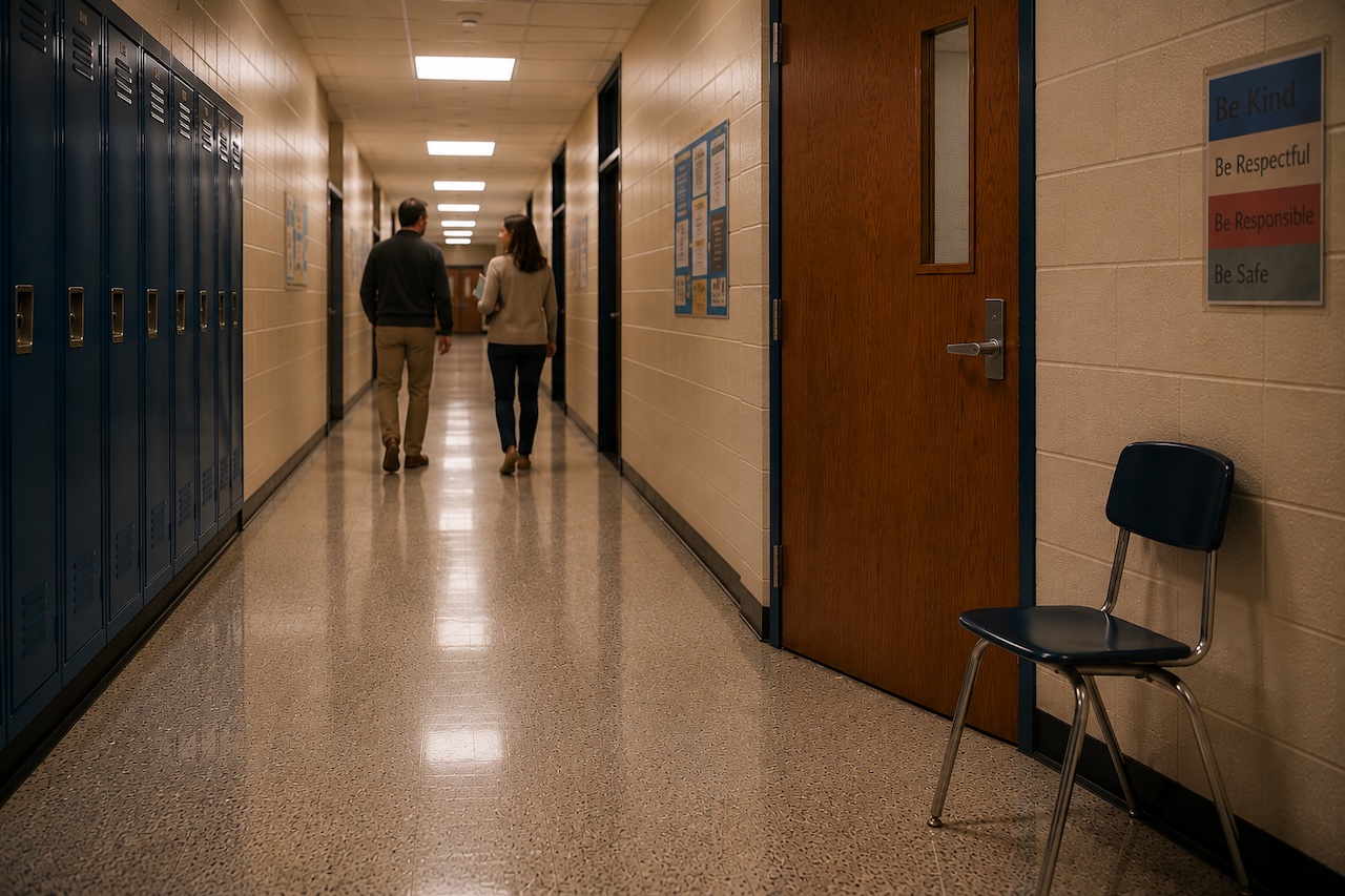A man and woman walk down an empty school corridor lined with blue lockers. A single chair sits outside a classroom door in the foreground.