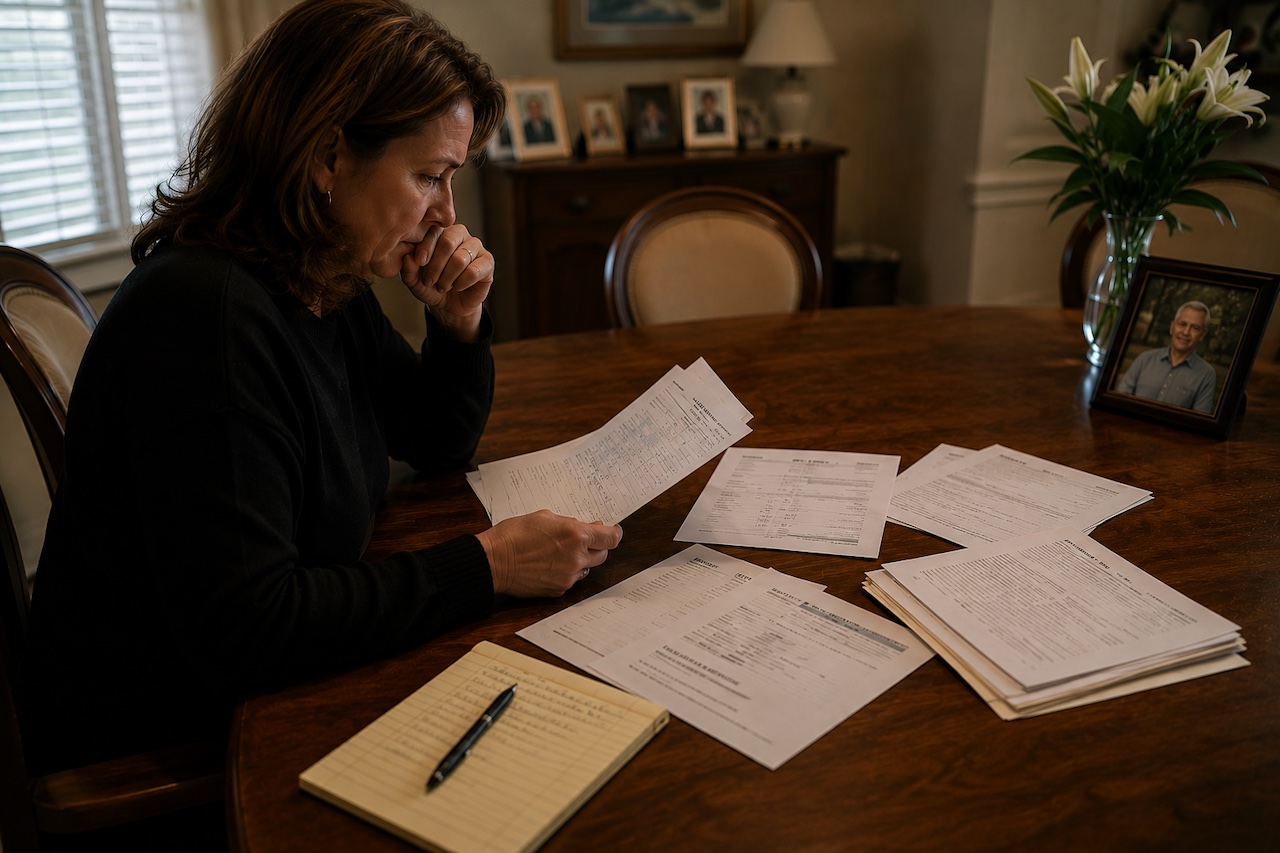 A somber woman sits at a wooden table reviewing paperwork, with a framed photograph of a deceased man and white flowers in the background.