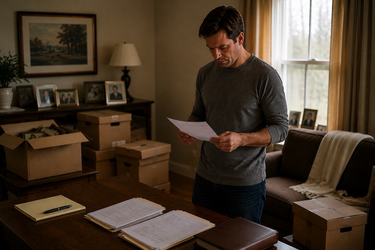 A somber man stands in a living room, reading a document in his hands near a desk with legal files and several packed cardboard boxes.