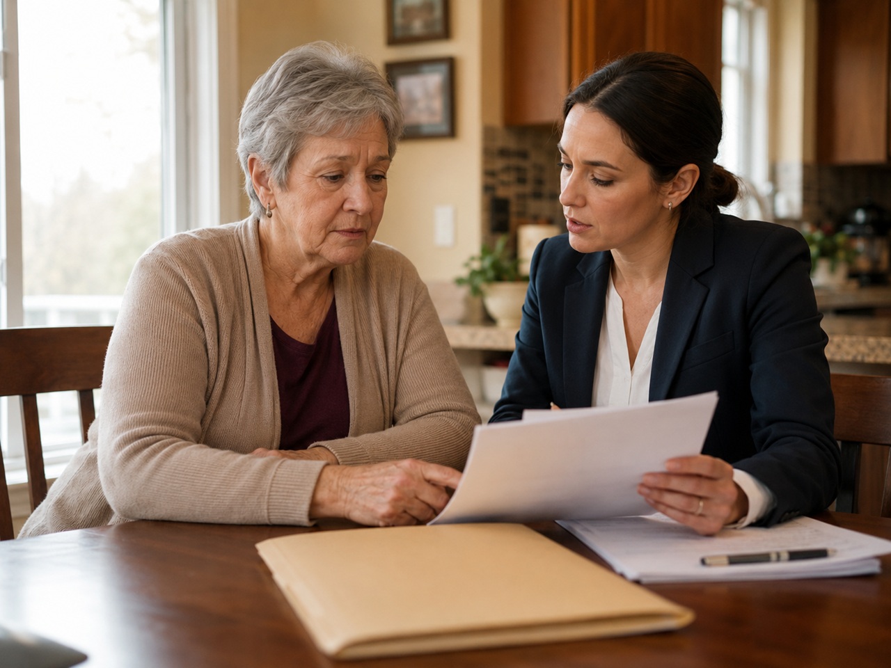 A professional woman in a dark blazer reviews legal documents with a concerned older woman with short grey hair as they sit together at a wooden table with a closed manila folder nearby.