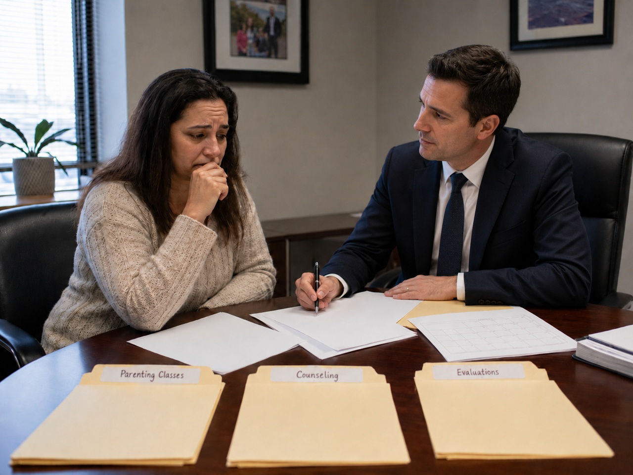 A distressed woman with dark hair sits at a conference table with her hand over her mouth, listening to a professional man in a suit and tie who is writing on a legal document, with three manila folders labeled "Parenting Classes", "Counseling", and "Evaluations" laid out in front of them.
