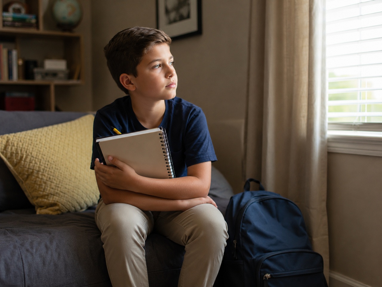 A young boy with short brown hair sits thoughtfully on a grey couch holding a spiral notebook and pencil, looking out a nearby window with a blue backpack resting on the floor beside him.