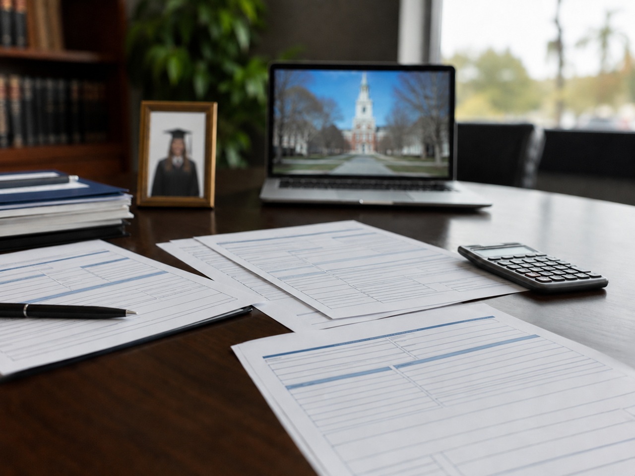 Several financial or legal documents are spread across a dark wooden desk alongside a pen and a calculator, with an open laptop in the background displaying a university campus building next to a small framed graduation photograph in an office setting.