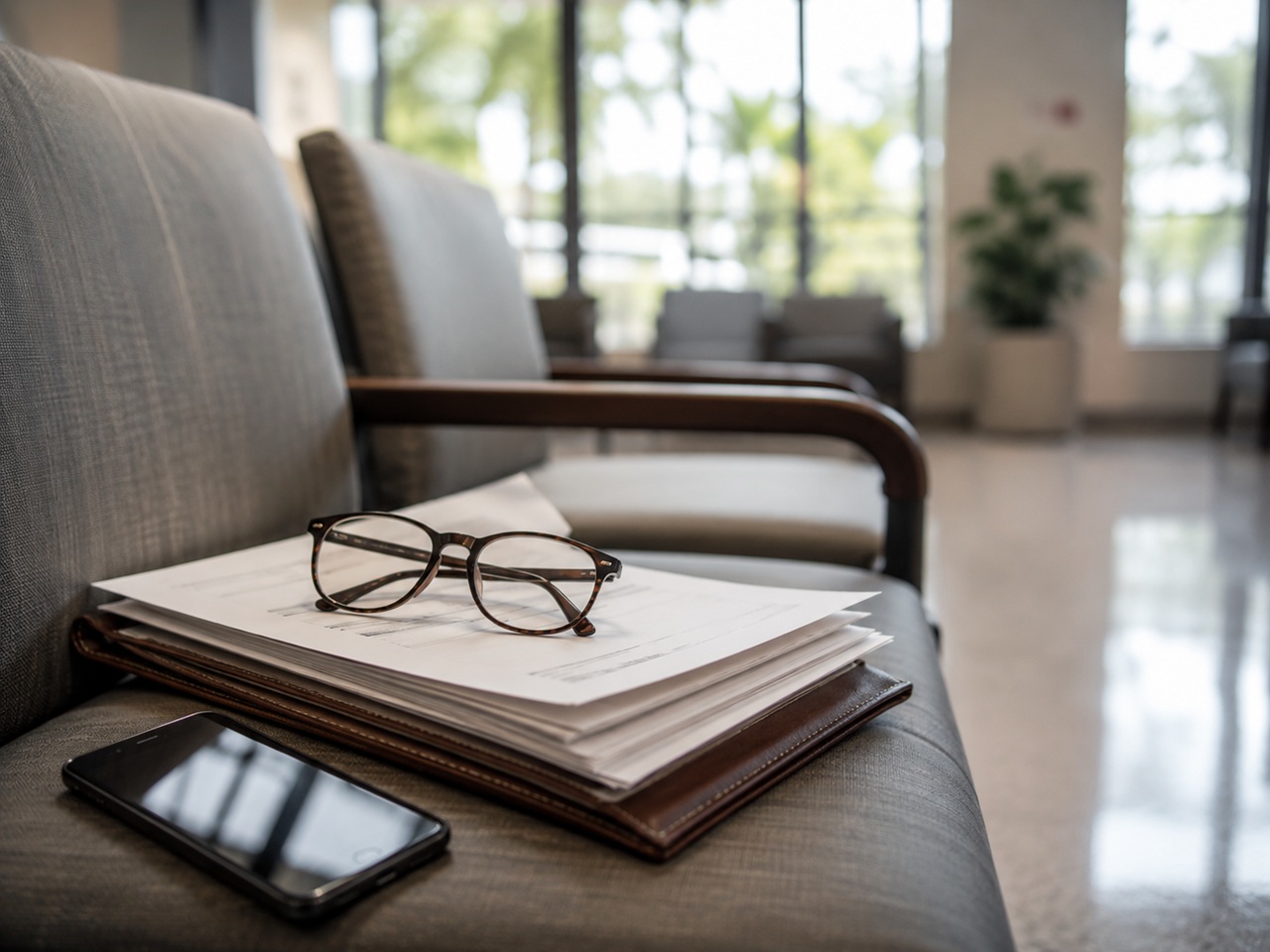 A close-up view of a pair of eyeglasses resting on top of a stack of legal or medical documents inside a leather padfolio, placed on a grey upholstered chair in an empty waiting room or office lobby with a smartphone sitting nearby.