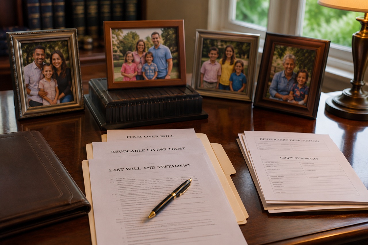 A dark wooden desk holds organized estate planning documents including a "Last Will and Testament", "Revocable Living Trust", "Pour-Over Will", "Beneficiary Designation", and "Asset Summary", alongside a black and gold pen, a leather folder, and four framed family photographs representing a diverse, blended family in a home office setting.