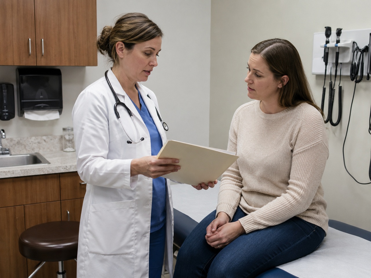 A female physician in a white lab coat reviews a medical file with a worried woman seated on an exam table in a New Jersey doctor's office, depicting the role that a child's medical records can play in a DCPP investigation into allegations of neglect or inadequate medical care.