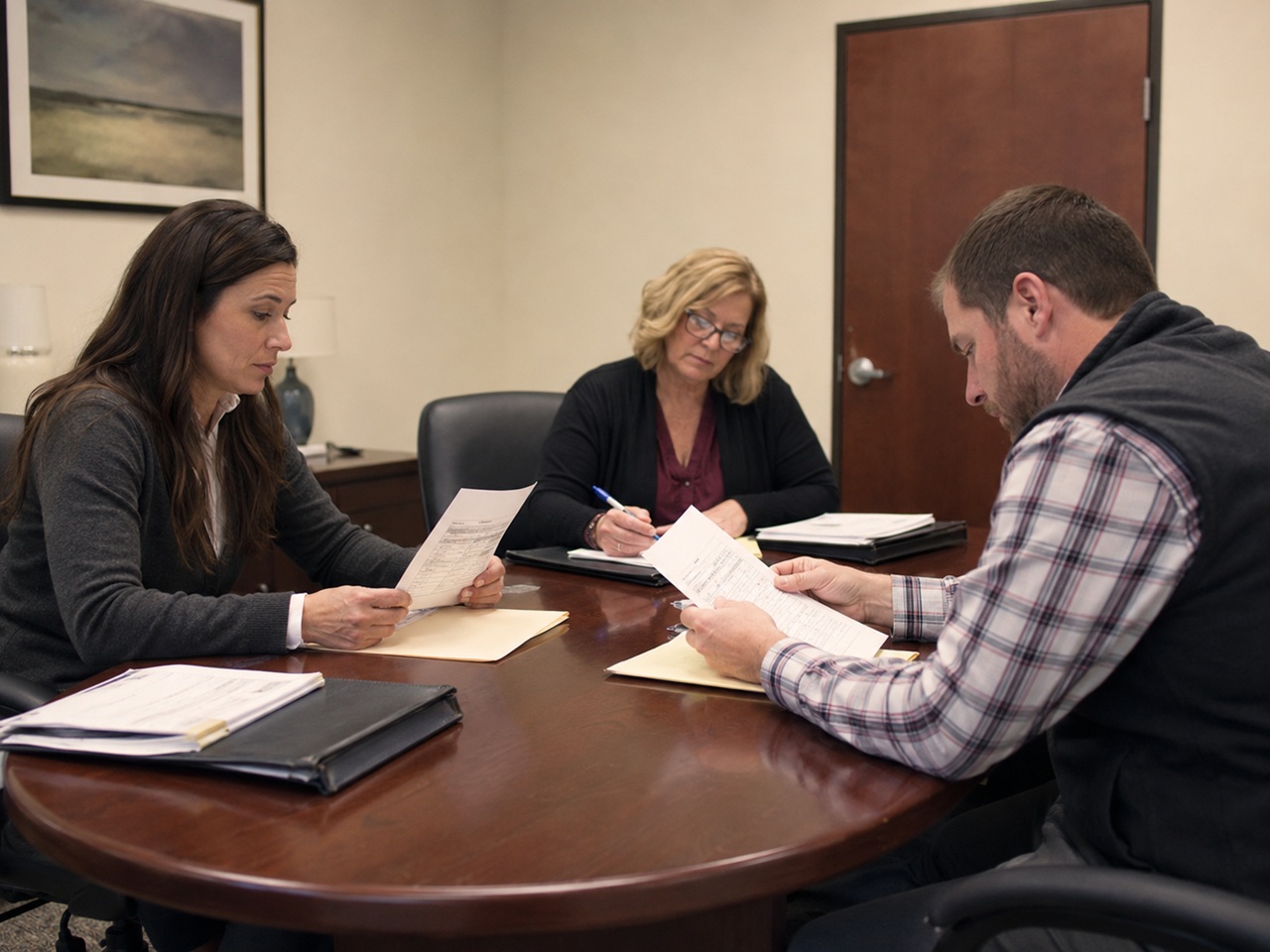 Two divorced parents sit on opposite sides of a conference table reviewing documents while a neutral professional takes notes between them, depicting a New Jersey parenting coordinator session designed to help high-conflict co-parents resolve custody and parenting plan disputes outside of court.