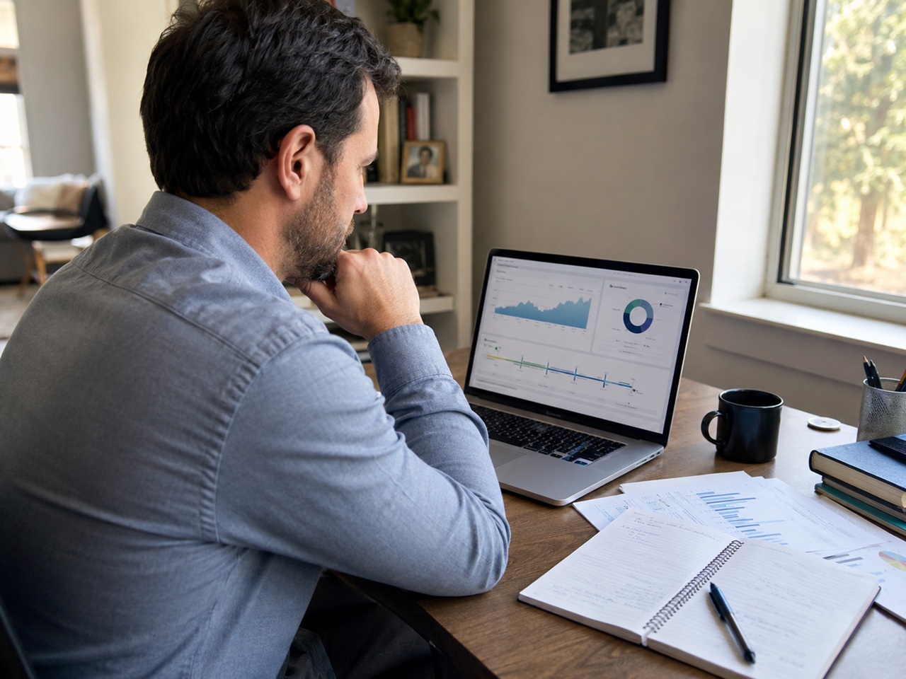 A man sits at a home office desk studying investment portfolio dashboards and financial charts on a laptop alongside printed financial documents, depicting a New Jersey divorce scenario where a spouse must assess the value of unvested stock options and restricted stock units as part of equitable distribution.