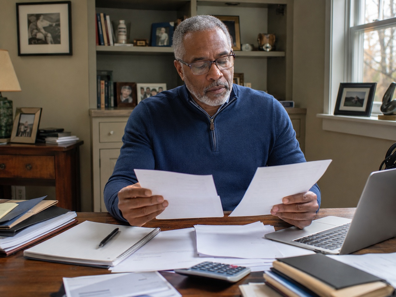 An older man wearing glasses sits at a well-used home office desk surrounded by estate documents, a calculator, a laptop, and family photos on the shelves behind him, depicting a New York estate owner carefully reviewing financial papers to understand how the state estate tax could affect his estate plan and what his heirs will ultimately inherit.