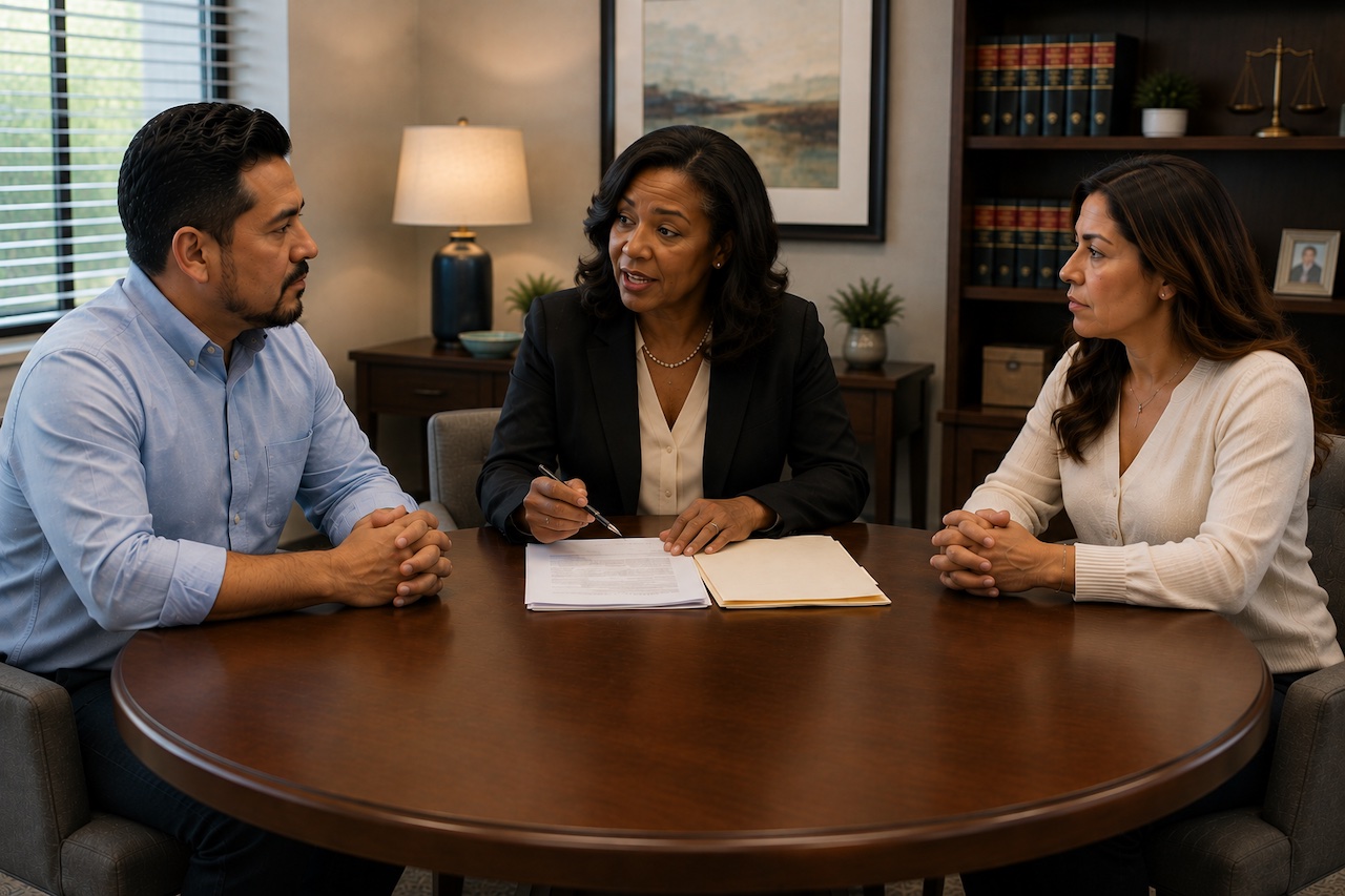 African American family law attorney meeting with two Hispanic parents to discuss legal documents related to their child.