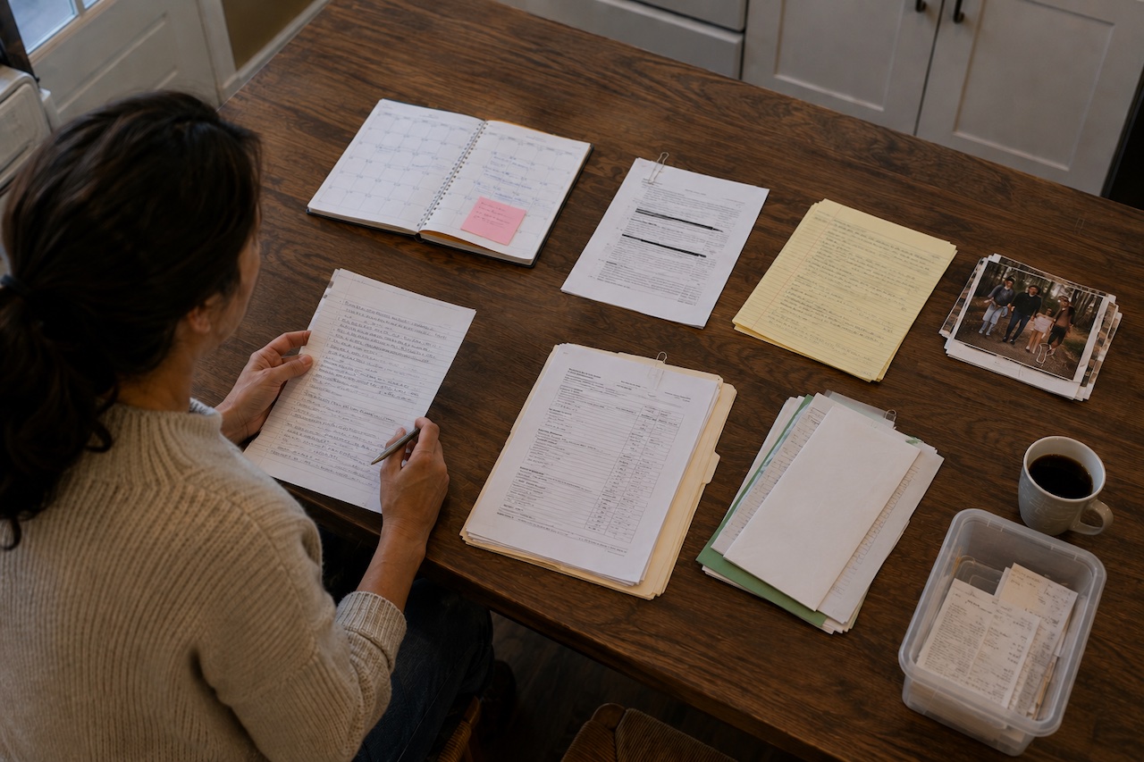 Parent organizing legal and family documents at a kitchen table before meeting with a DCPP attorney.
