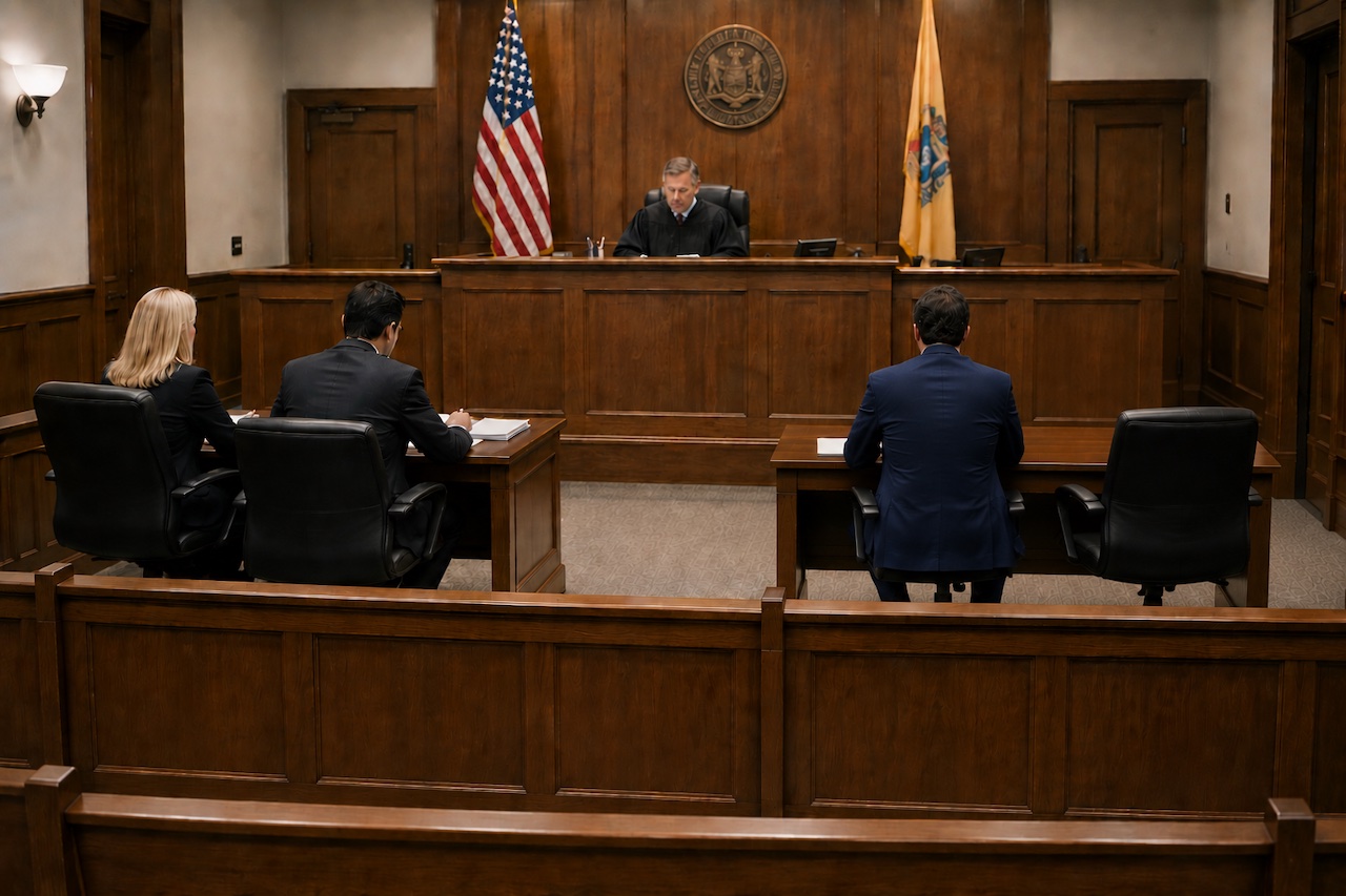 New Jersey family court hearing with a judge, attorneys at counsel tables, and an empty chair representing an absent parent.