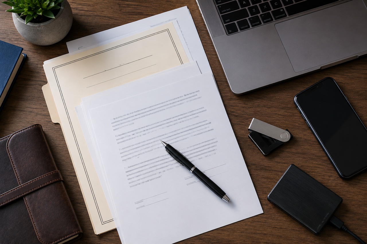 Estate planning documents beside a laptop, smartphone, external drive, and cryptocurrency hardware wallet.
