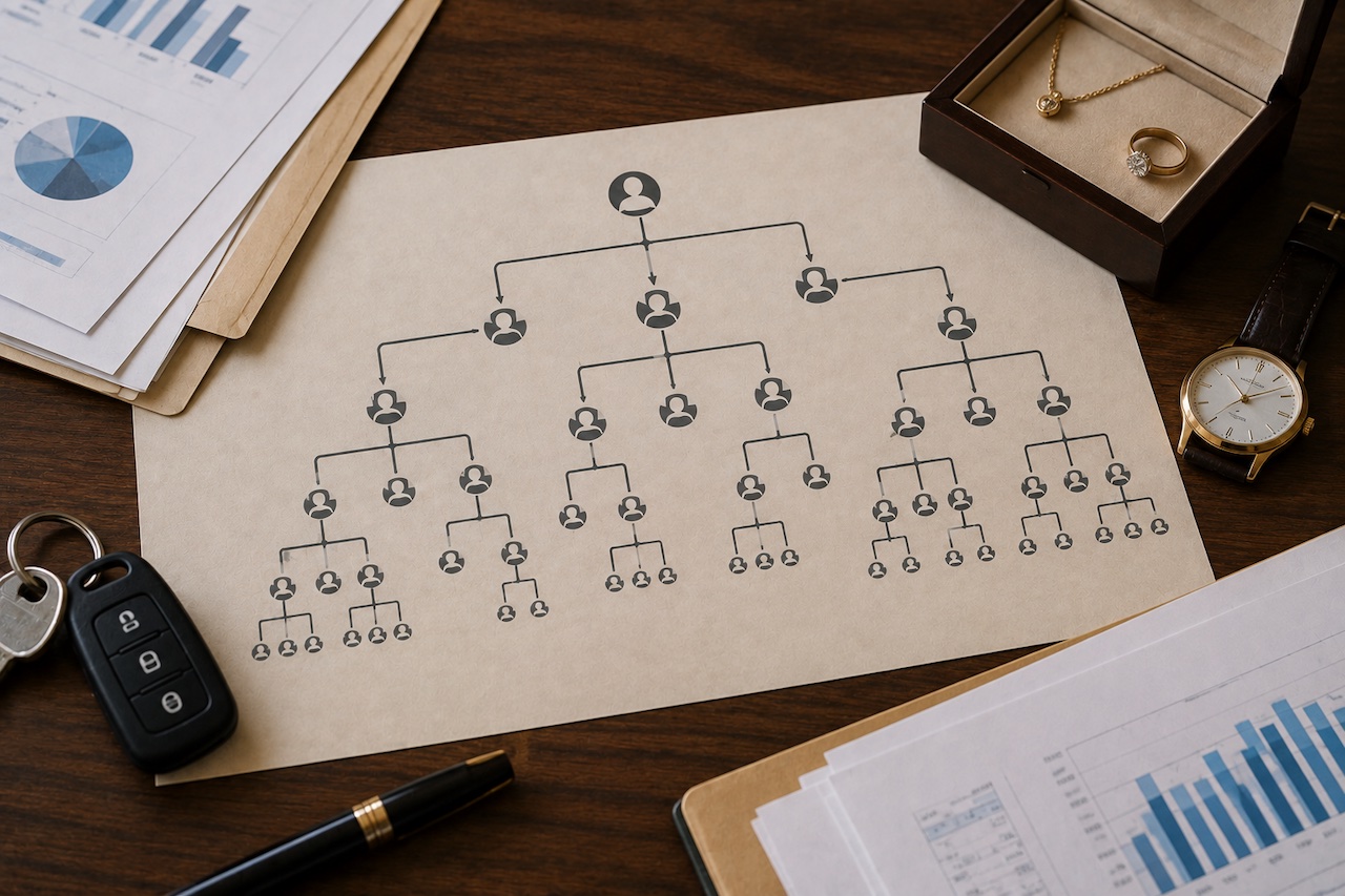 Family tree diagram surrounded by financial documents, jewelry, a watch, and car keys representing assets passed through an estate.