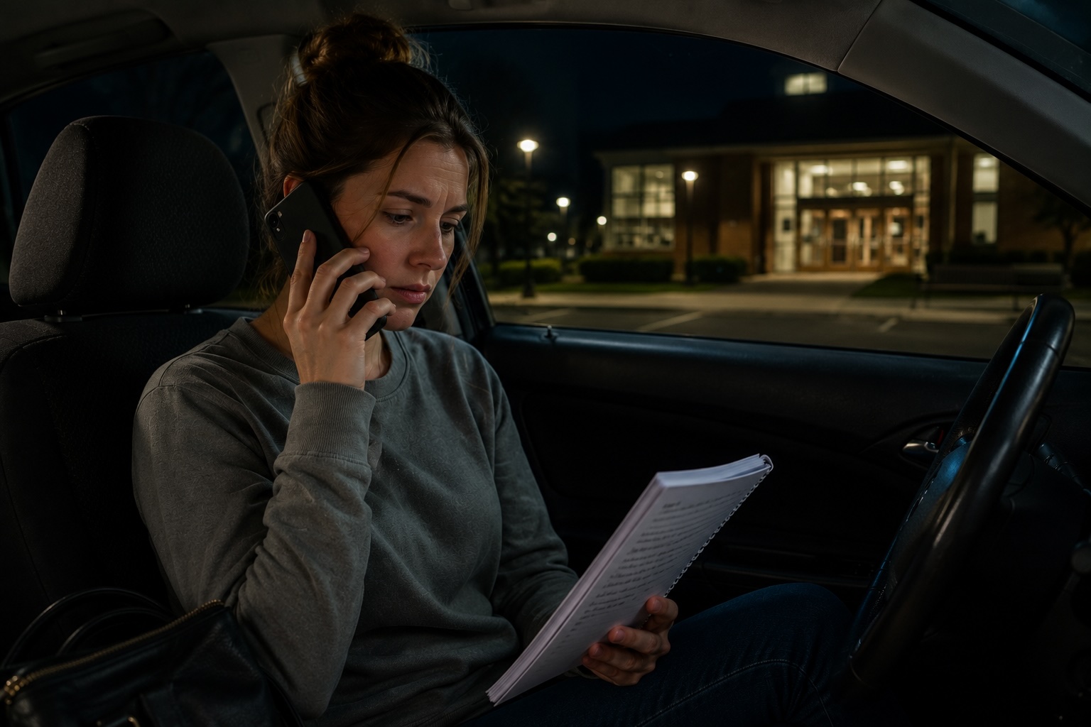 A woman sits in a parked car at night, talking on a smartphone while holding a spiral-bound document or notebook. A dimly lit building and parking area are visible through the car window in the background.