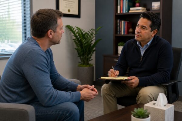 Two men having a professional counseling or evaluation session in an office, with one man taking notes while listening to the other.