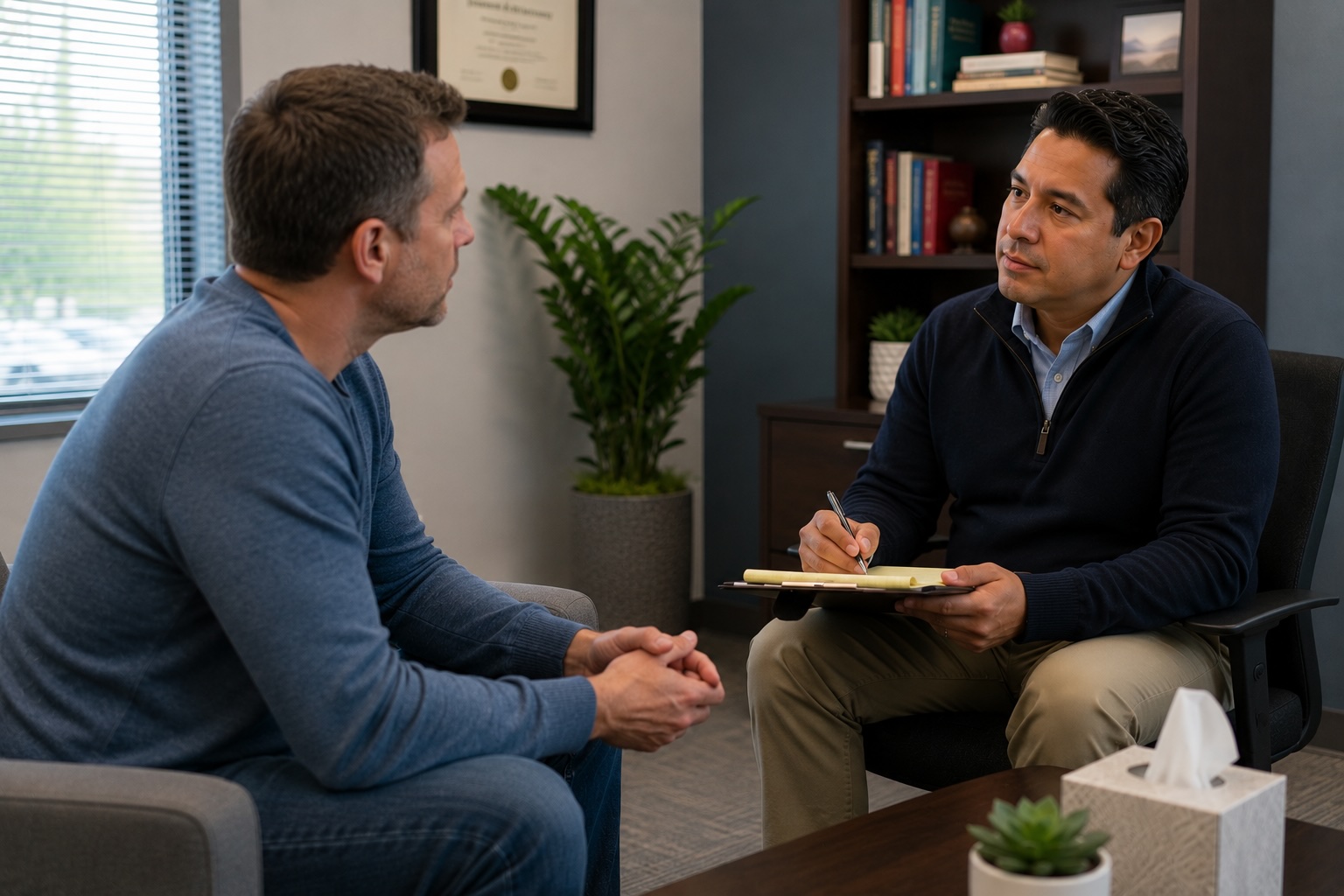 Two men having a professional counseling or evaluation session in an office, with one man taking notes while listening to the other.