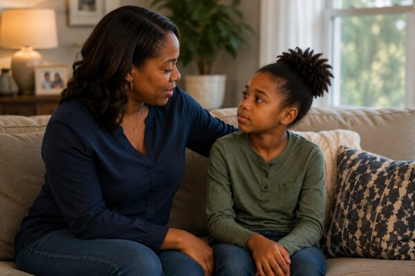 Mother sitting with her young daughter on a couch, offering comfort and support during a serious conversation.