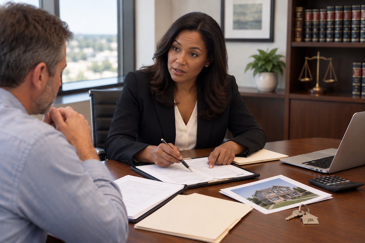 Divorce attorney reviewing mortgage and financial documents with a client regarding the marital home.