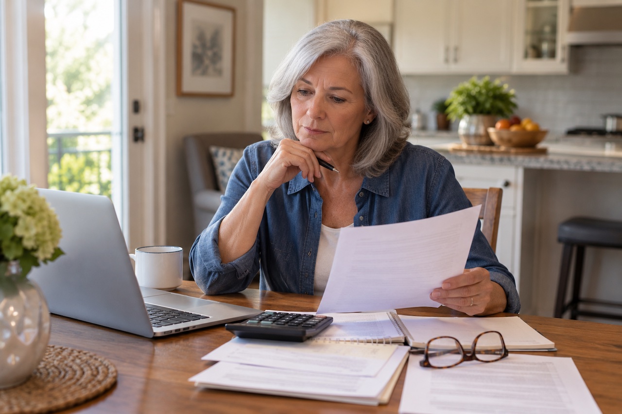 Older woman reviewing retirement finances at a kitchen table after divorce.