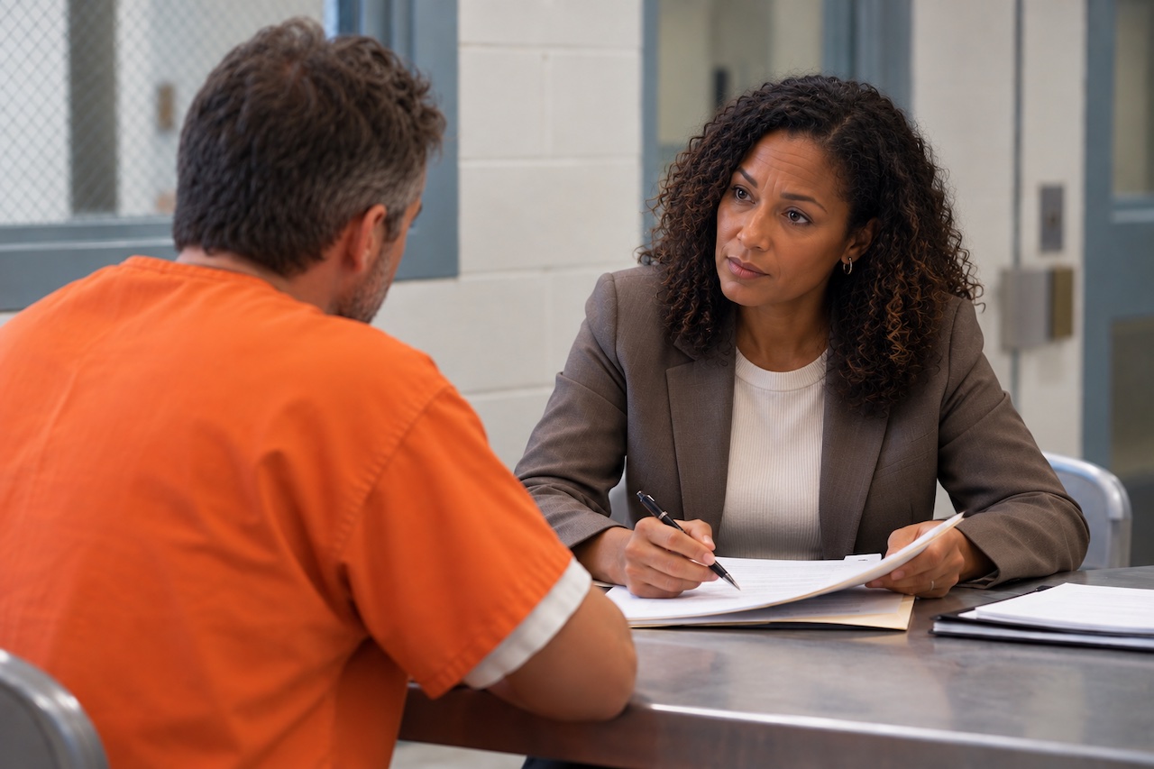 DCPP attorney meeting with an incarcerated parent to review case documents in a private institutional meeting room.