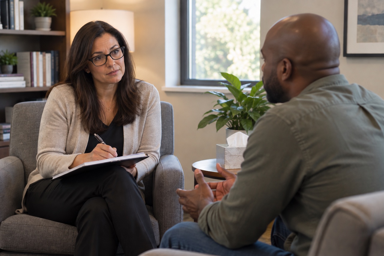 Parent meeting with a psychologist who takes notes during a private professional evaluation.