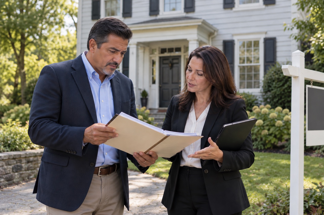 Executor reviewing estate documents with a real estate professional outside a suburban New York home.