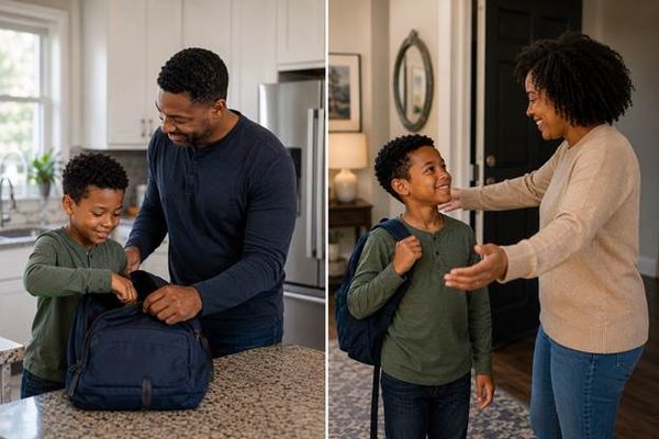 Split image showing a man helping a child pack a backpack and a woman greeting the child at a doorway, illustrating co-parenting after divorce.