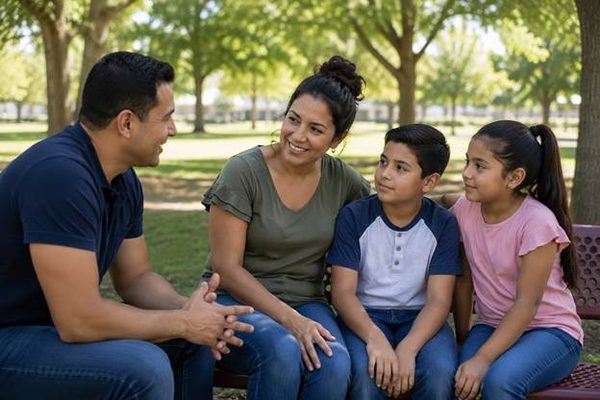 Family sitting together on a park bench as a man talks with a woman and two children, illustrating the introduction of a new partner to the family.