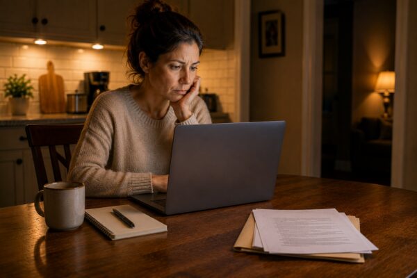 Woman sitting at a kitchen table using a laptop with documents and a notebook nearby, appearing concerned while reviewing information online.